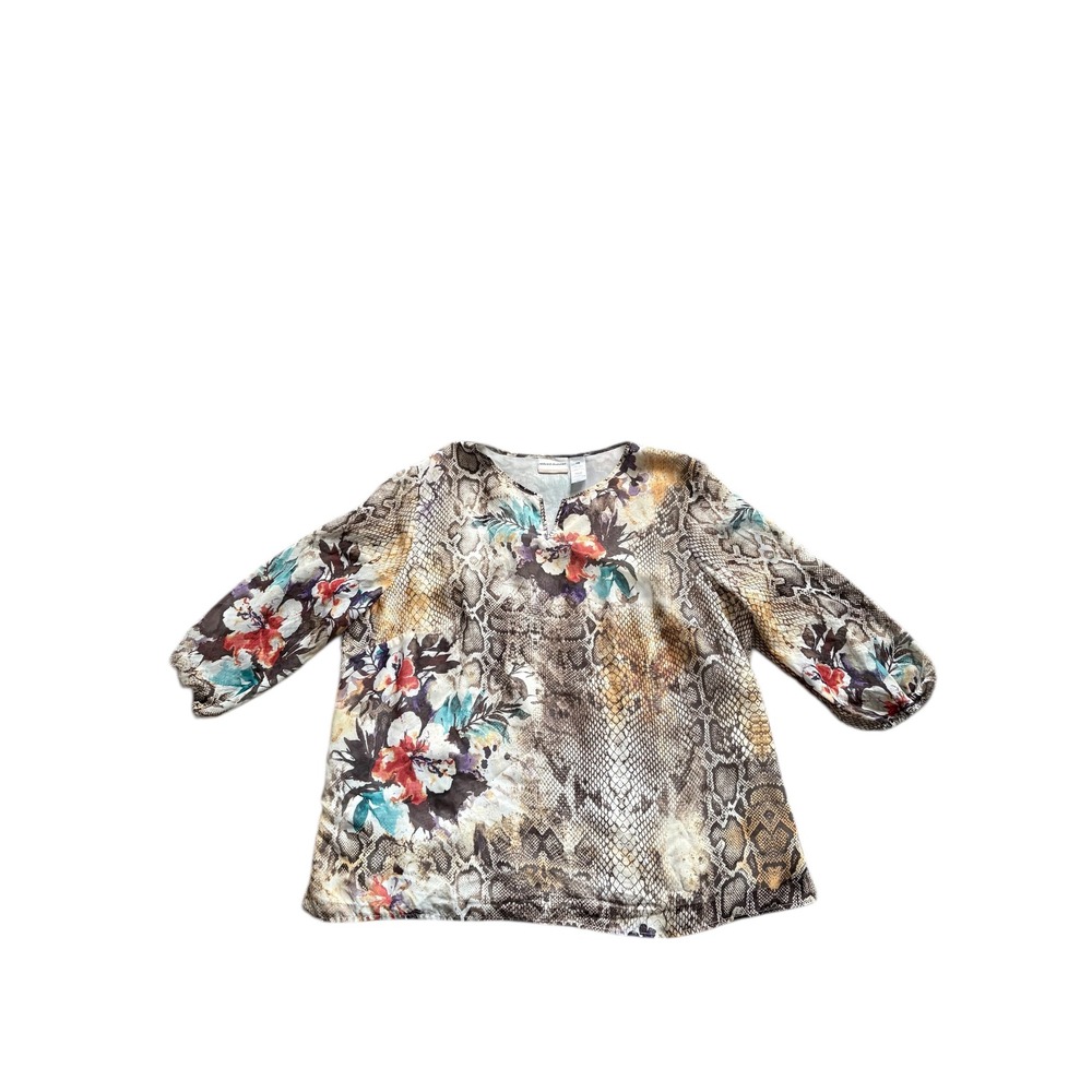 Alfred Dunner Womens 22W Snake Print Floral Blouse 3/4 Sleeve Studded‎ Neck